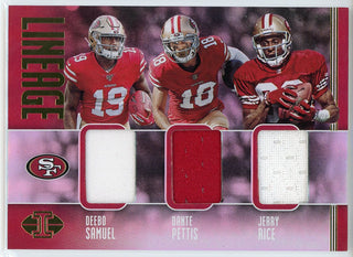 Deebo Samuel, Dante Pettis & Jerry Rice 2019 Panini Illusions Lineage Jersey Card