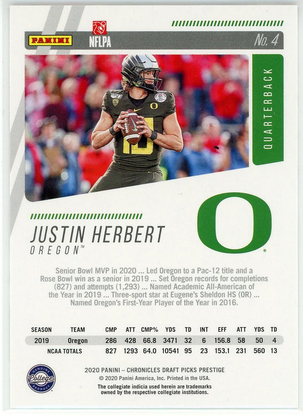 Justin Herbert 2020 Panini Chronicles Prestige Draft Picks Rookie Card