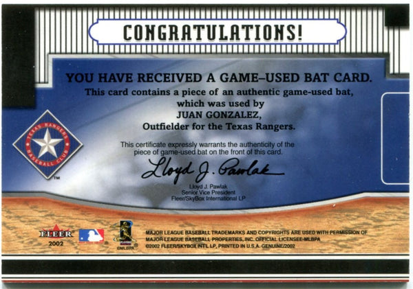 Juan Gonzalez Fleer Genuine Bat Card 2002