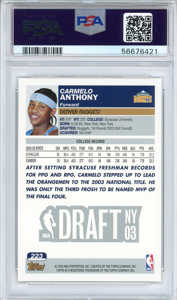 Carmelo Anthony 2003 Topps Rookie Card #223 (PSA Mint 9)