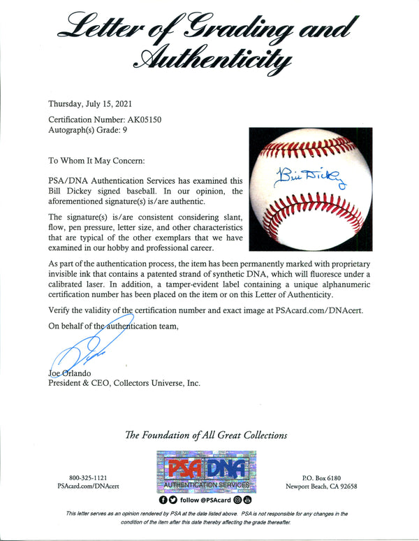 Bill Dickey Autographed Baseball (PSA Auto Grade 9)