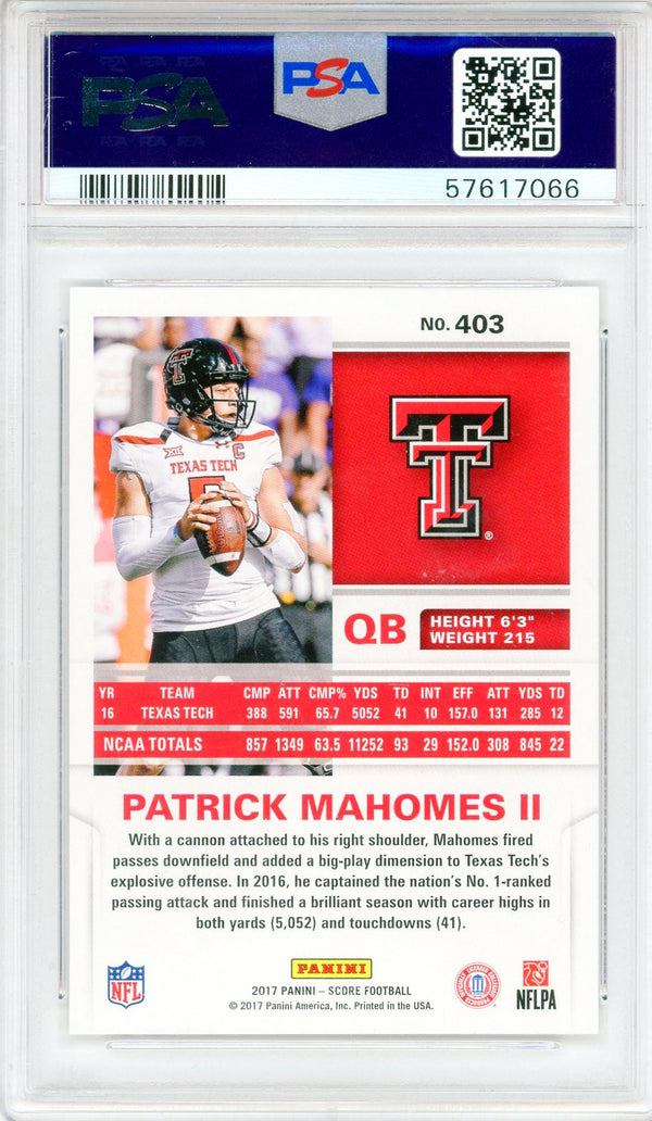 Patrick Mahomes II 2017 Panini Score Rookie Card #403 (PSA Mint 9)