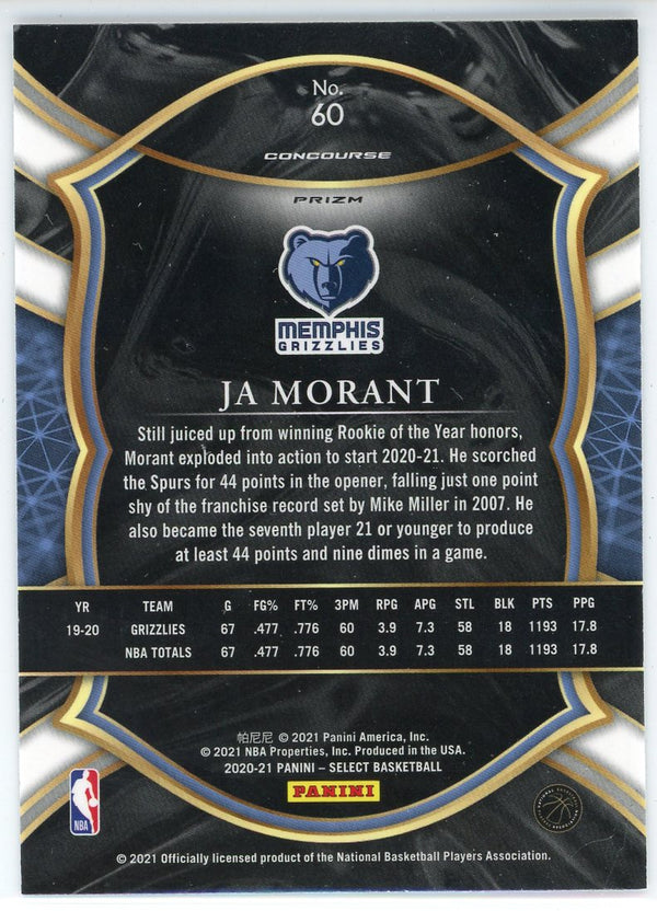 Ja Morant 2020-21 Panini Select Concourse Silver Prizm Card #60