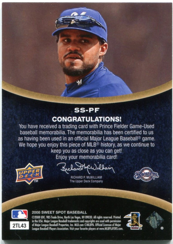 Prince Fielder Upper Deck Sweet Spot Sweet Swatch Jersey Card 2008