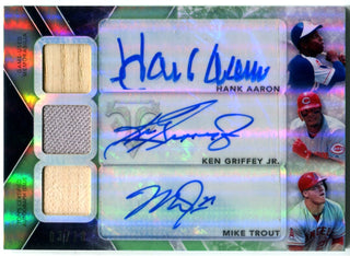 Hank Aaron, Ken Griffey Jr. & Mike Trout Autographed 2015 Topps Triple Threads Relic Combo Card