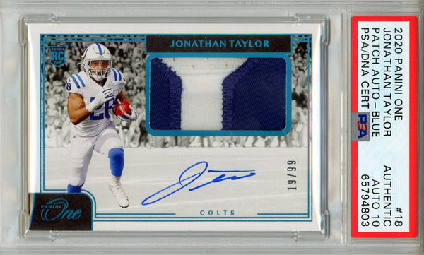 Jonathan Taylor Autographed 2020 Panini One Patch Blue Rookie Card #18 (PSA Auto 10)