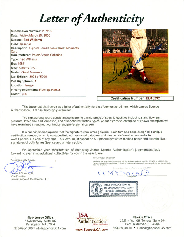 Ted Williams Autographed Perez Steele Great Moments Card (JSA)