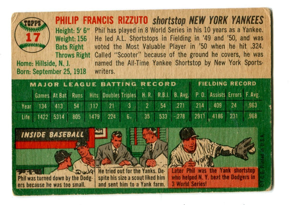 Phil Rizzuto 1954 Topps #17 Card