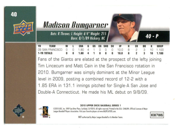 Madison Bumgarner 2010 Upper Deck Rookie Card