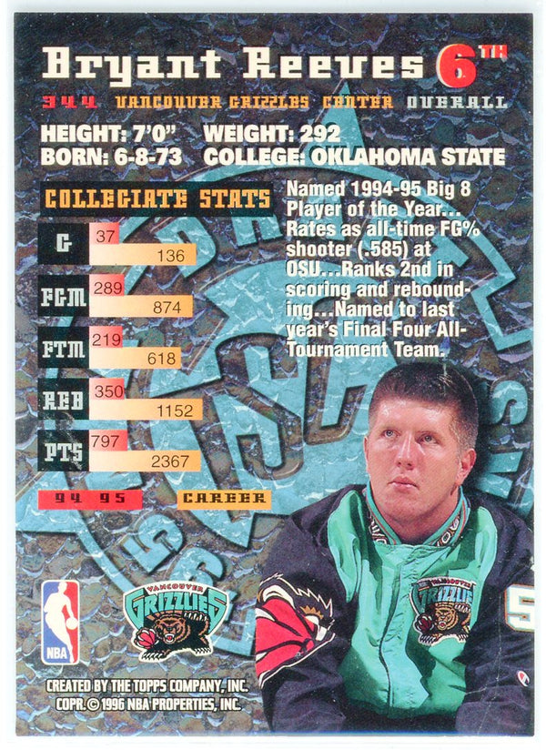 Bryant Reeves 1996 Topps Stadium Club Members Only Draft Picks Card #344