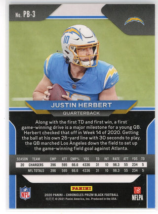 Justin Herbert 2020 Panini Chronicles Prizm Black Rookie Card #PB-3