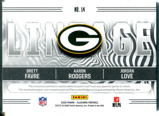 Brett Favre, Aaron Rodgers & Jordan Love 2020 Panini Illusions Lineage Jersey Card