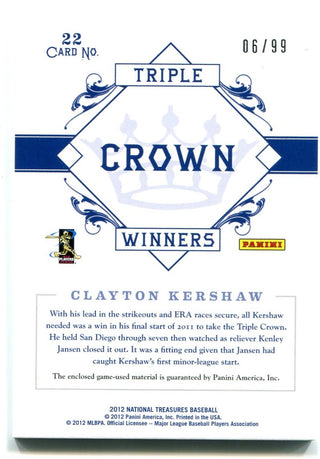 Clayton Kershaw Triple Crown Winners Panini National Treasures 06/99 2012