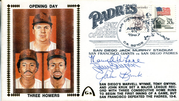 Tony Gwynn, John Kruk &Marvell Wynne Autographed April 13th, 1987 First Day Cover (PSA)