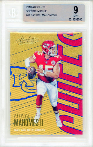 Patrick Mahomes 2018 Panini Absolute Spectrum Blue Card #49 (Beckett Mint 9)