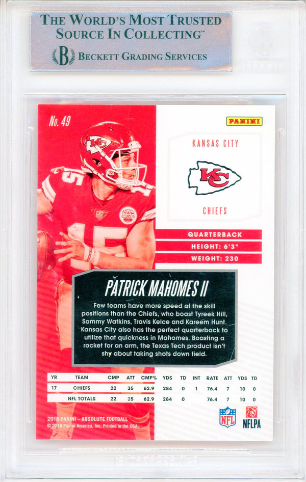 Patrick Mahomes 2018 Panini Absolute Spectrum Blue Card #49 (Beckett Mint 9)