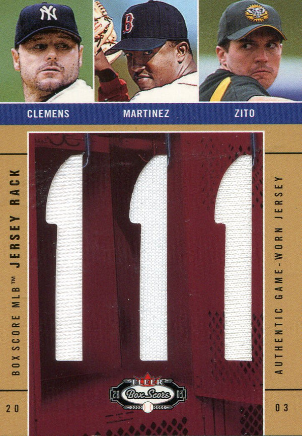 Roger Clemens, Pedro Martinez & Barry Zito 2003 Fleer Jersey Card