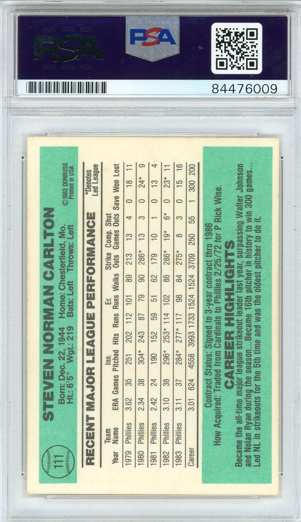 Steve Carlton Autographed 1983 Donruss Card (PSA)