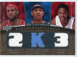 LeBron James Carmelo Anthony & Chris Bosh 2007-08 Upper Deck Premier Rare Remnants Triple Patch Card #RR3-JAB