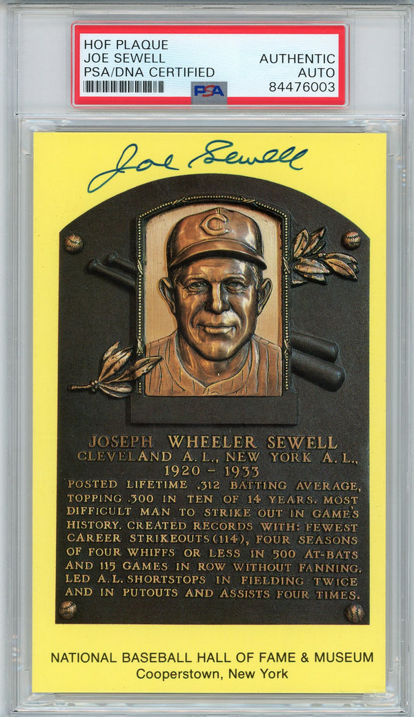 Joe Sewell Autographed Hall of Fame Plaque Card (PSA)