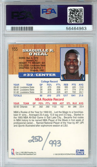 Shaquille O`Neal Autographed 1993 Hoops Rookie Card #155 (PSA Auto 9)