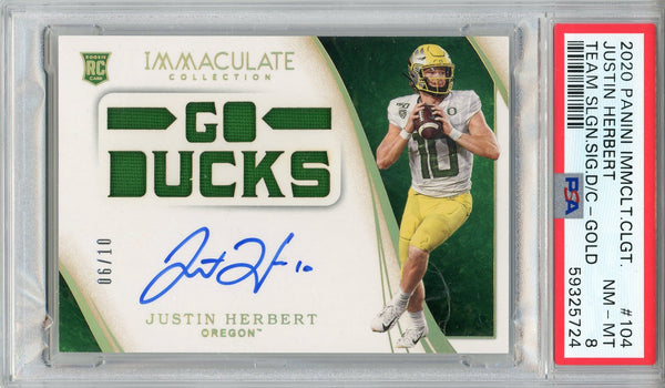 Justin Herbert Autographed 2020 Panini Immaculate Collegiate Team Slogan Emerald Rookie Gold Card #104 (PSA NM-MT 8)