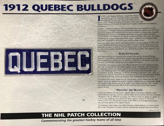 NHL 1912 Quebec Bulldogs Official Patch on Team History Card