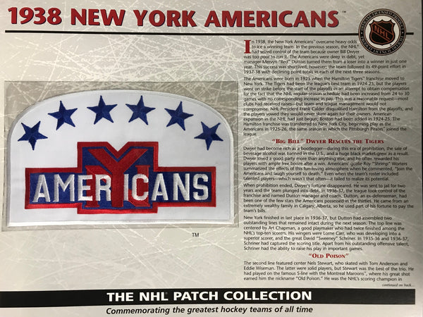 NHL 1938 New York Americans Official Patch on Team History Card