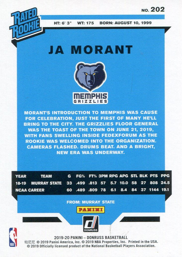 Ja Morant 2019-20 Panini Donruss #202 Rookie Card