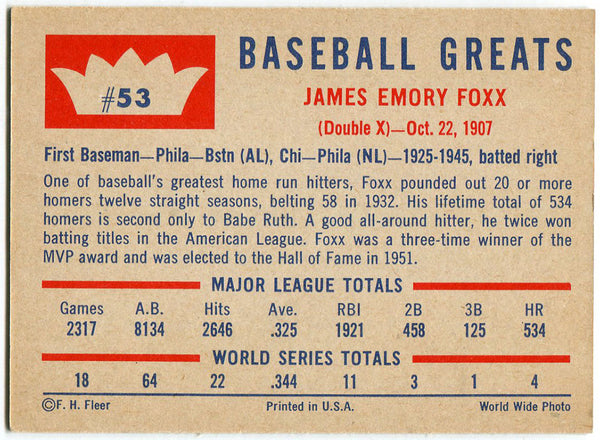 Jimmy Foxx 1960 Fleer Card