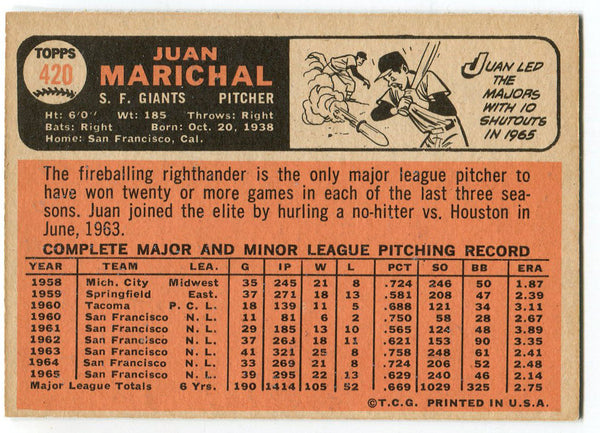 Juan Marichal 1966 Topps Card #420