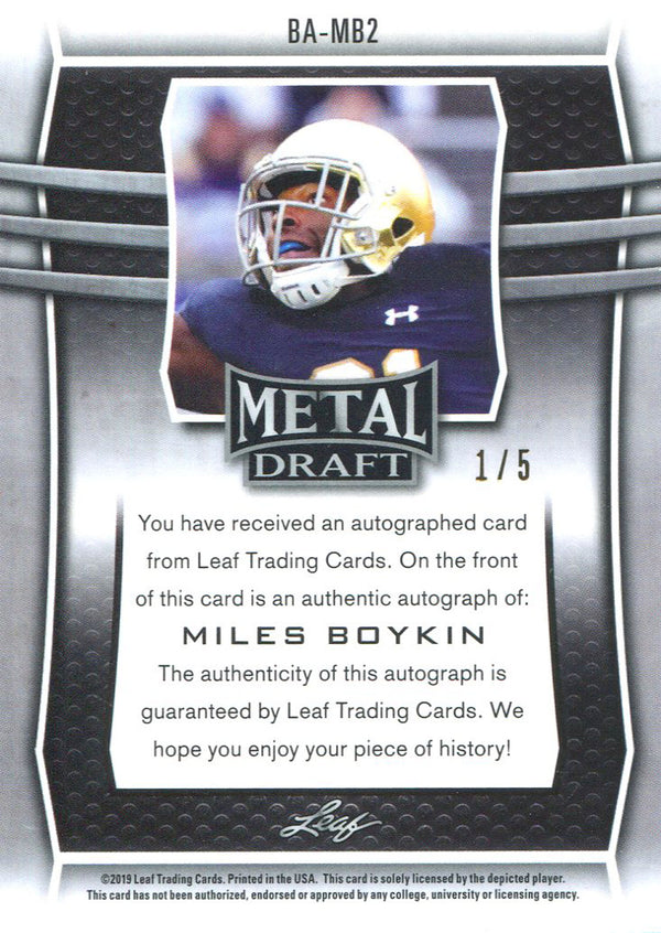 Miles Boykin Autographed 2019 Leaf Metal Rookie Card