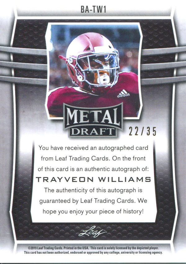 Trayveon Williams Autographed 2019 Leaf Metal Draft Rookie Card