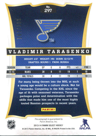 Vladimir Tarasenko Autographed 2013-14 Panini Select Rookie Card Back