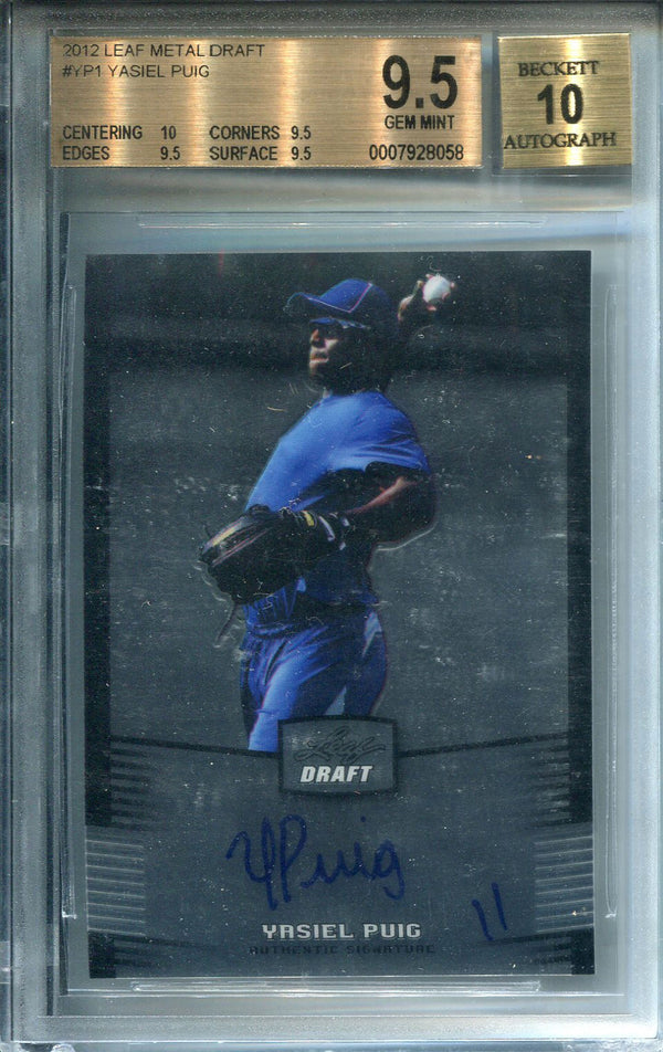 Yasiel Puig Autographed 2012 Leaf Metal Draft Card (BVG)